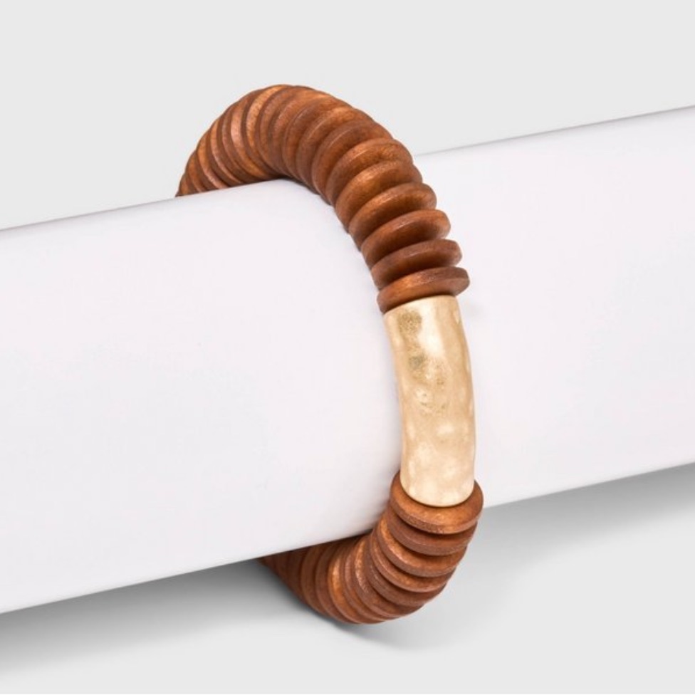 Wood Beaded & Hammered Bar Stretch Bracelet By Universal Thread